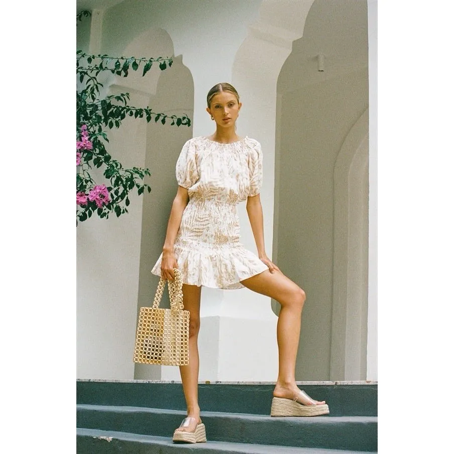 SABO LUXE‎ Camari Linen Dress Smocked Patterned Ruffle Hem White Beige Women's S - Image 3