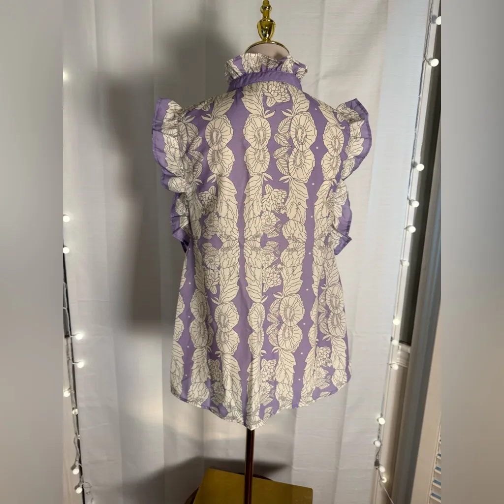 Mazik Lavender Floral Ruffle Sleeve Button Down Blouse Women’s Medium Purple - Image 2