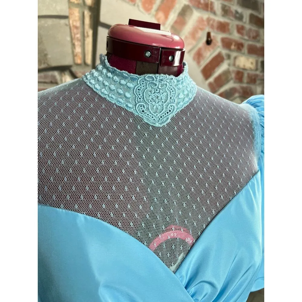 formal dress prom blue puff sleeve mesh high neck satin - Image 7