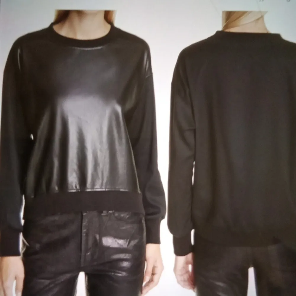 Alice + Olivia Black Faux Leather Sweatshirt Natalie Black Womens Xs/TP - Image 3