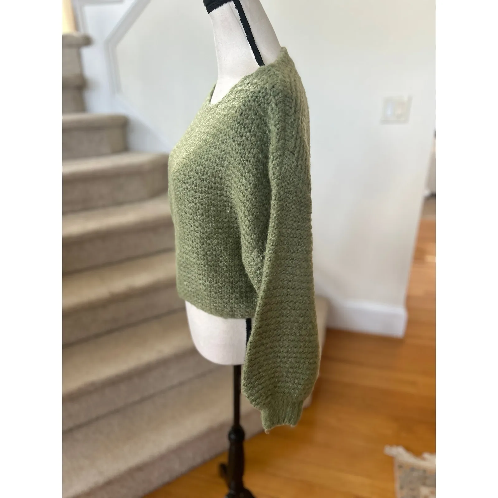 Nasty Gal Sage Green Wide Neck Blouson Cropped Wool Blend Sweater - Image 4