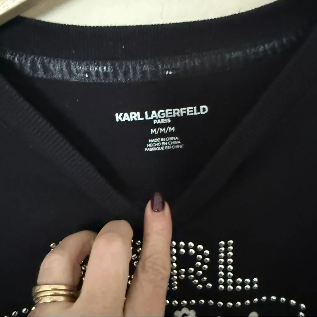 Karl Lagerfeld Sweatshirt Top Pullover Sequin Beaded Logo Black Size Medium - Image 3