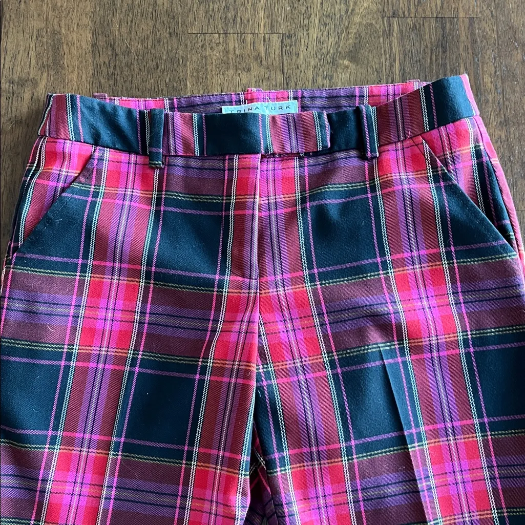 Trina Turk Plaid pants in pink, red, and black plaid - Image 2
