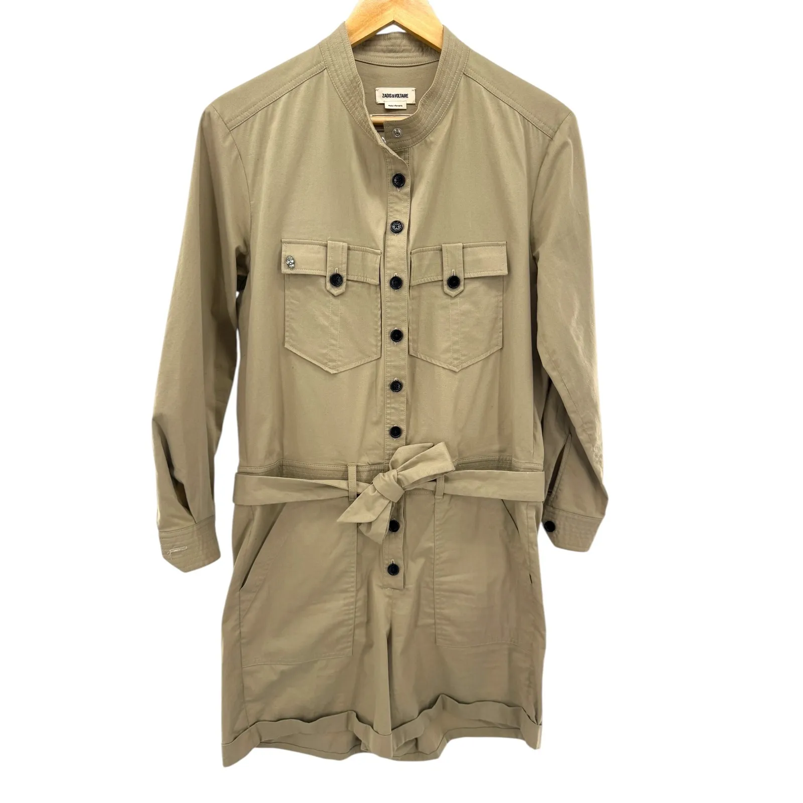 Zadig‎ & Voltaire Cooki Twill Belted Romper Playsuit Khaki Utility Jumpsuit M - Image 3