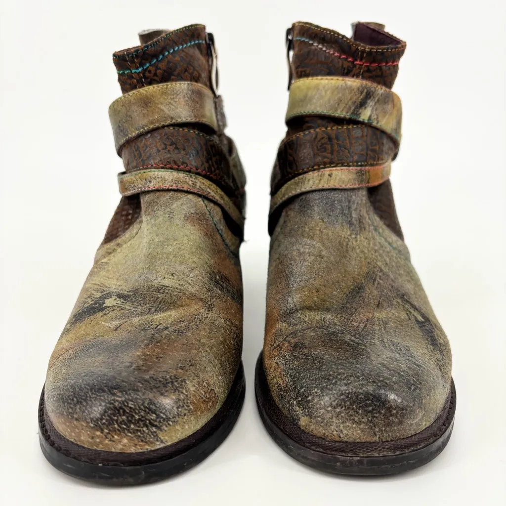 L'Artiste Spring Step Shazzam New Camel Hand Painted Leather Ankle Boots Size 7 Green - Image 3