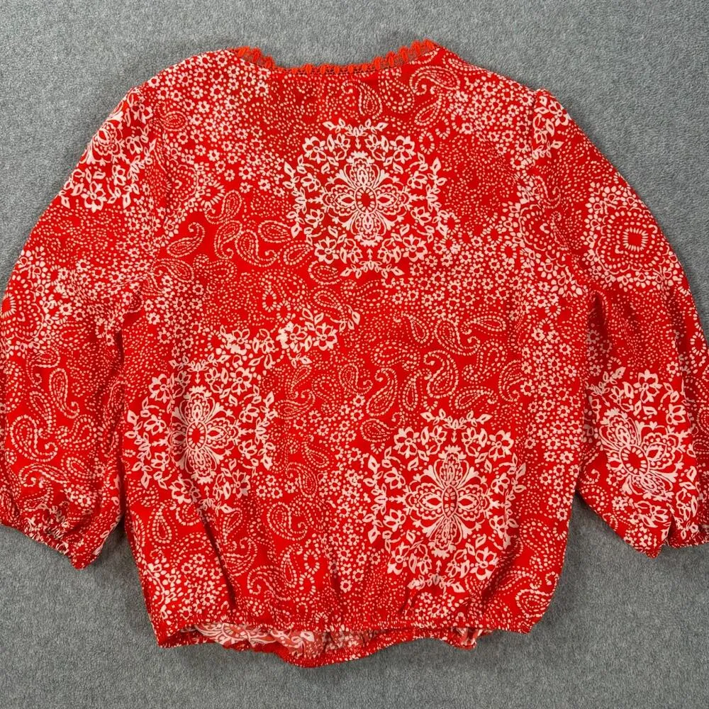 Blue Rain Faux Wrap Top Women's Small Red Paisley Lace Trim V-Neck 3/4 Sleeve - Image 6