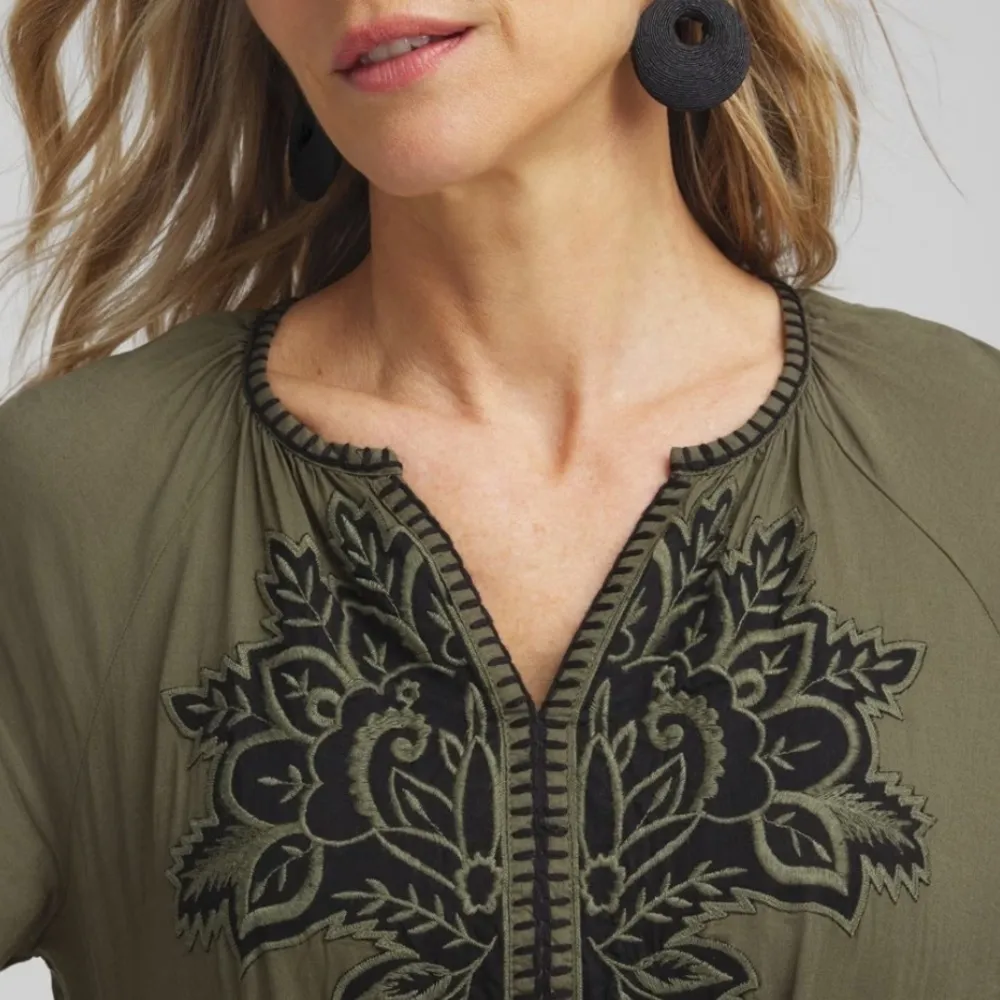 Chico’s Cotton Floral Embroidered Tiered Dress‎ Olive Green 00 / 0-2 / XS - Image 3