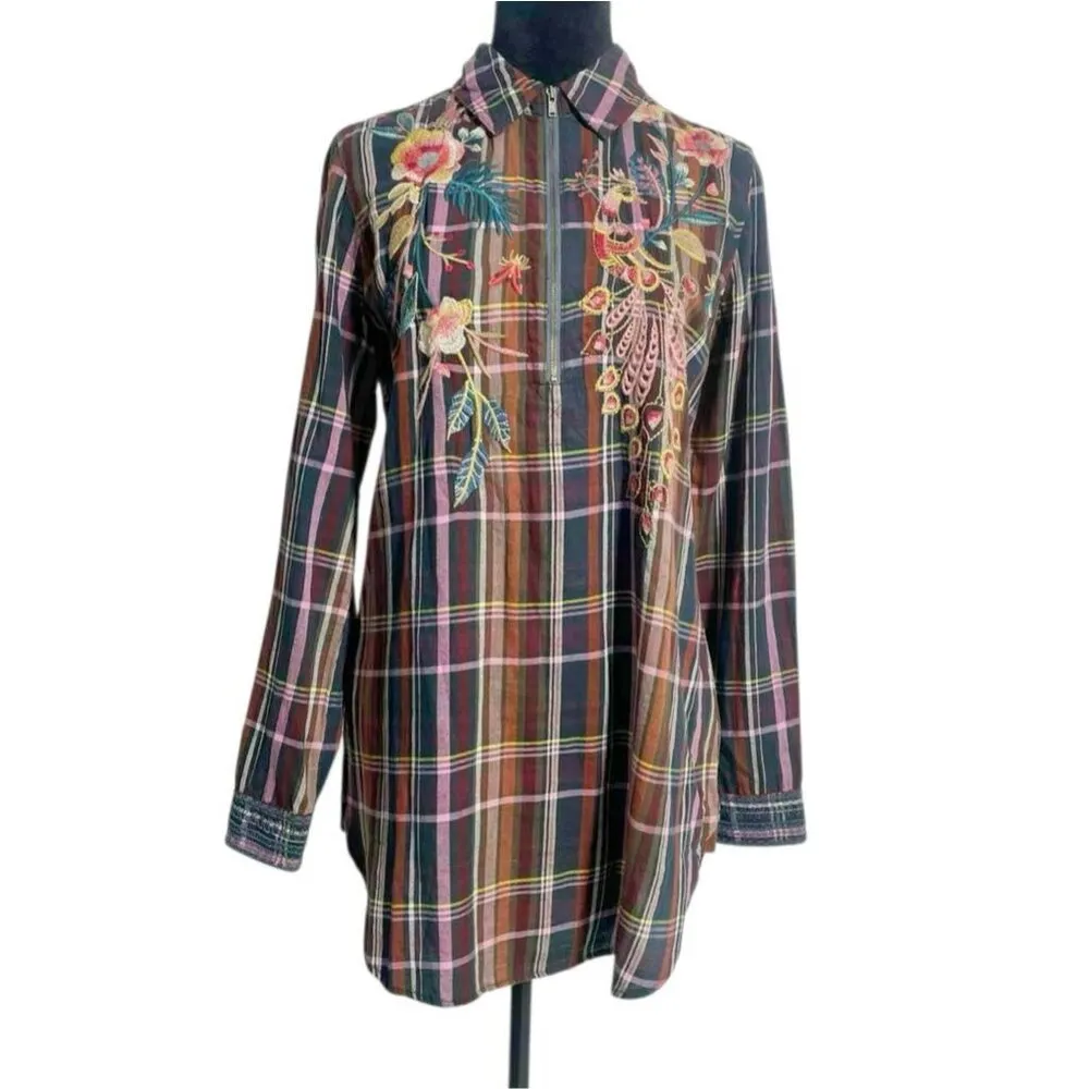 Johnny Was Size XS  Shuri Plaid Embroidered Shirt Long Sleeve Tunic - Image 3