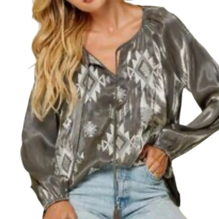 NWT Savanna Jane Embroidered Aztec Top Silver Size 2X - Image 2