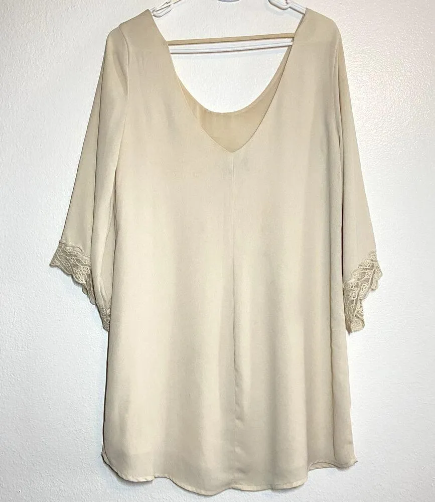 ASTR Shift Dress Chiffon Lace Angel Sleeve Scoop Plunge Back Cocktail Cream M - Image 5