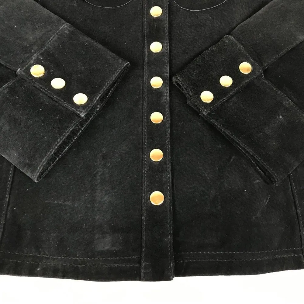 VINTAGE Berek Black Suede Leather Jacket Ruffle Neckline Button Front Size Large - Image 8