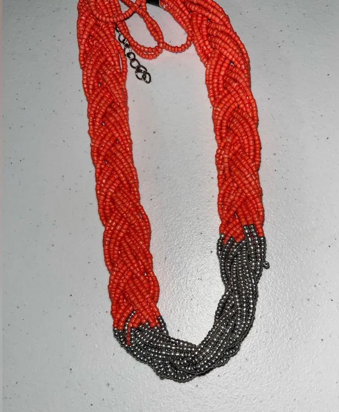 NWT Paparazzi Orange & Silver Braided Seed Bead Beaded Necklace & Earring Set - Image 3