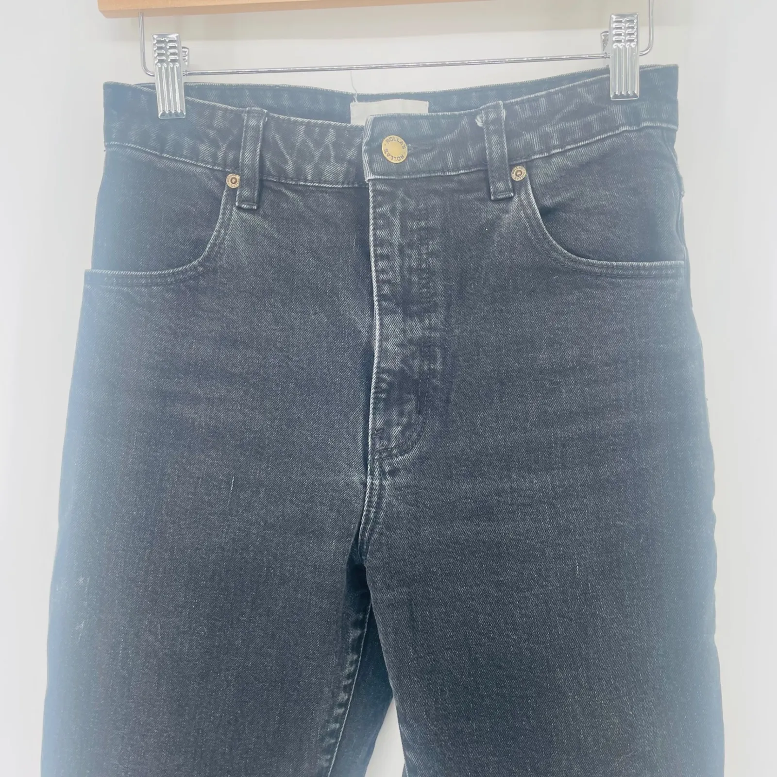 ROLLAS Dusters High Rise Slim Straight Leg Jeans Black Washed Size 27 Split Hem - Image 2