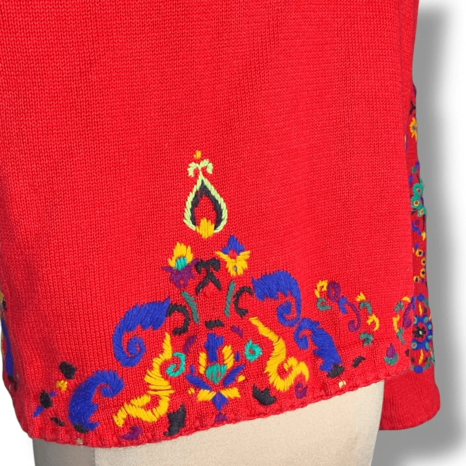 Vintage 90s Michael Simon Cherry Red Embroidered Knit Cardigan Sweater Eclectic Size L - Image 6