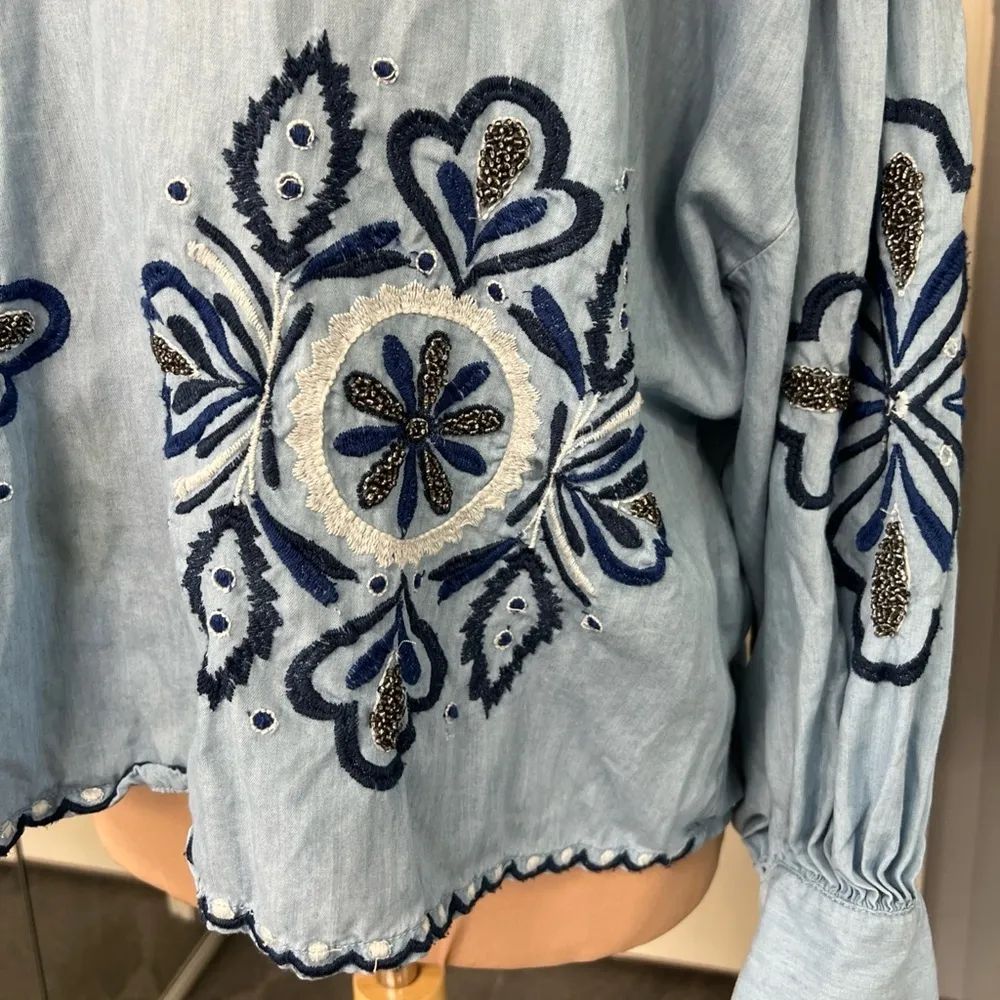 Zara Denimwear Chambray‎ Embroidered Pom Pom Peasant Boho Oversize Top - Image 2