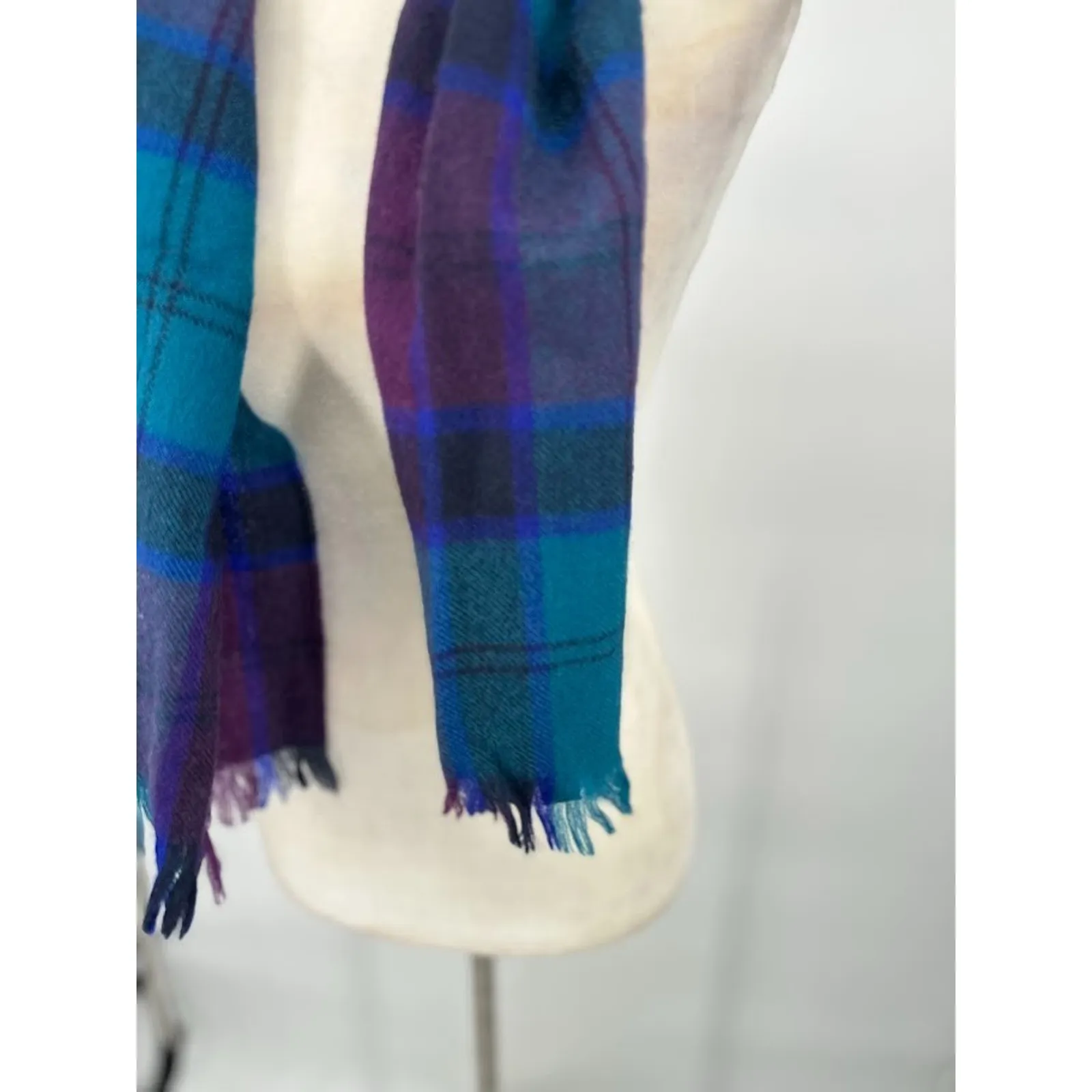 VTG Blue Purple Plaid 100% Lambswool Scarf Fringe Made in West Germany 50" Long - Image 2