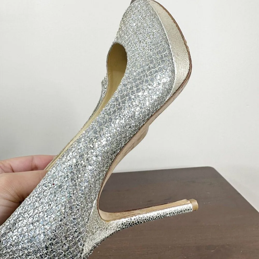 Jimmy Choo Heels Women's 38.5 Peep Toe Glitter Platform Pumps Silver Stilettos - Image 11