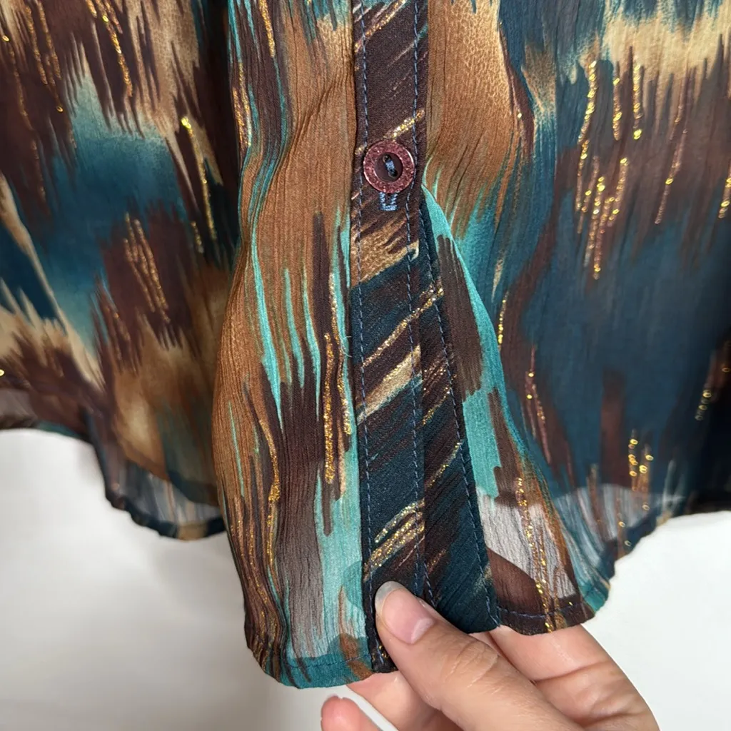 Cydney Mar Multicolor Ikat Crinkle Chiffon Sheer Ruffled Blouse size XL Brown - Image 7