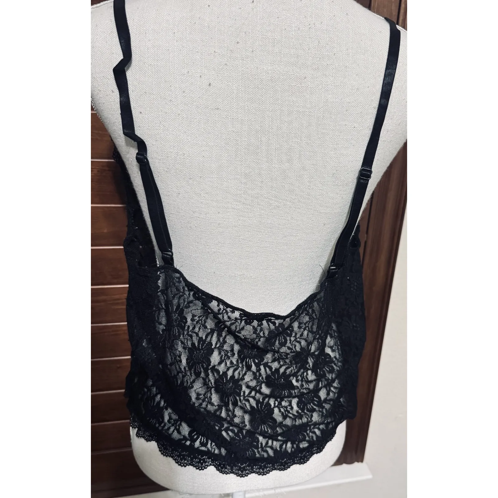 VTG Y2K Black Sheer Camisole Lace Cami top sz L USA fairygoth whimsigoth - Image 4