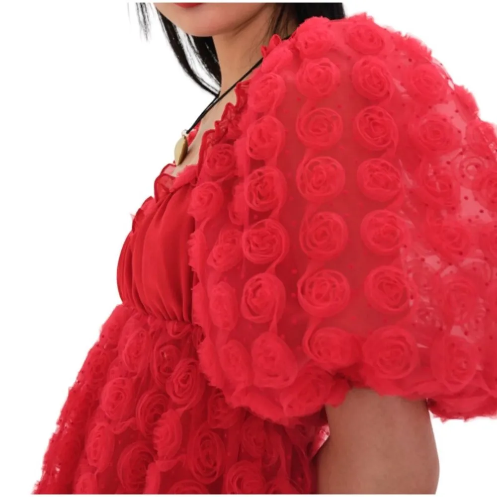 For Love and Lemons Hannah Rose Puff Sleeve Mini Dress Red Size Large NWT - Image 2