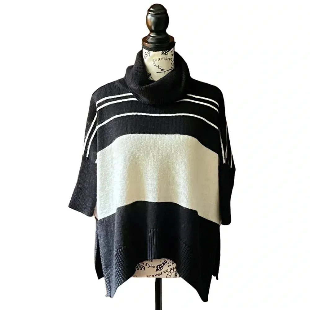 Aqua Black White Striped Poncho Sweater XS | Nautical Preppy Coastal Boho Cowl - Image 2