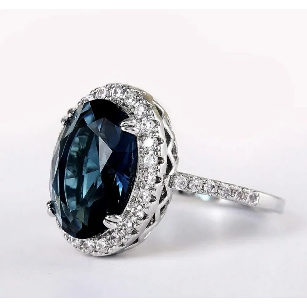 925 Silver Plated Zircon blue topaz Rings Size 6 Oval Gemstone - Image 6