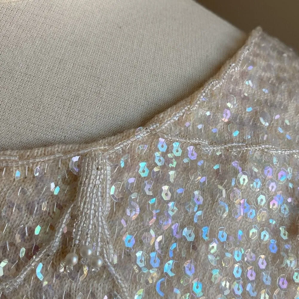 VINTAGE Cropped Sweater Womens Sz Small Cream Sequin Hollywood Glam White - Image 5