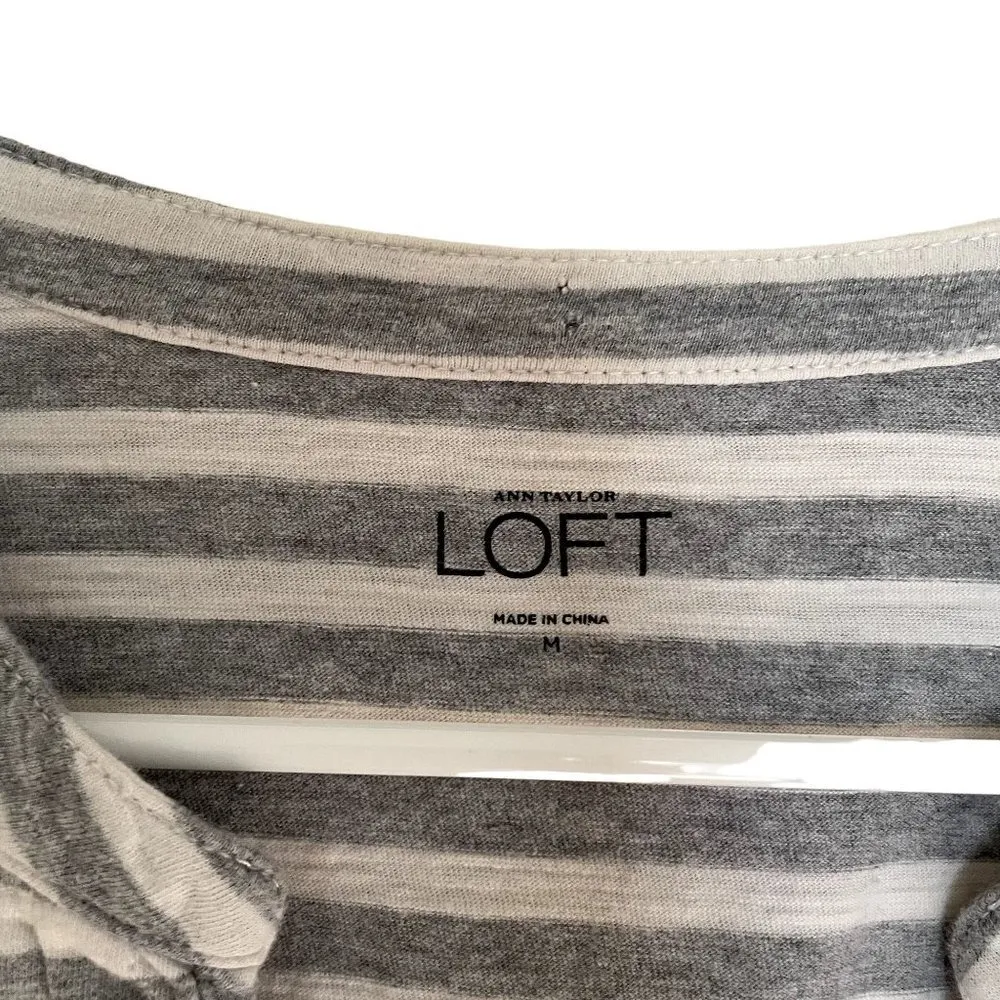 Ann Taylor LOFT gray and white striped v-neck women's blouse cotton casual - Image 3