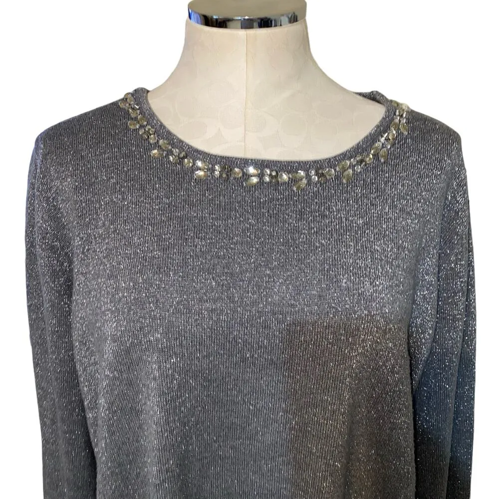 Jaclyn Smith Vintage Metallic Rhinestone Studded Embellished Sweater XL Gray - Image 4