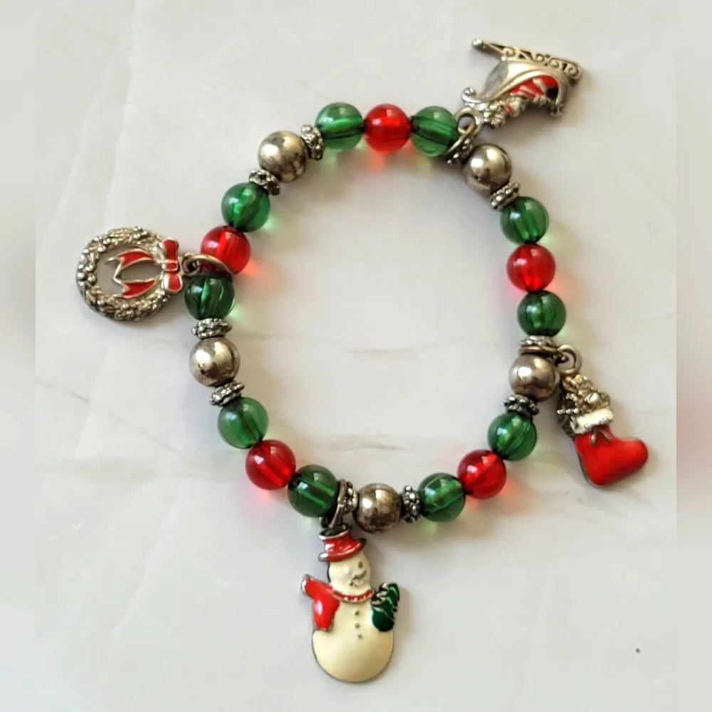 Vintage Christmas Xmas Holiday Bead Charm Stretchy Bracelet Stocking Stuffer Red - Image 2