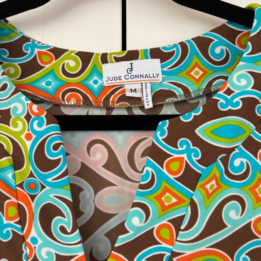 Jude Connally Megan Dress Jude Cloth Size Medium Retro 60s Print 70s Made in USA Blue - Image 2