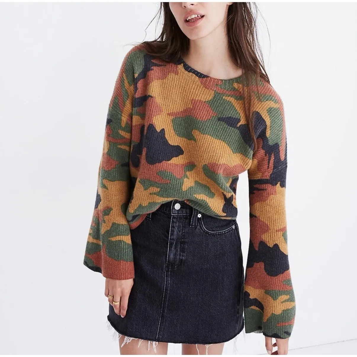 Madewell Cottontail Camo Wide Sleeve Sweater 100% Merino Wool Womens Medium - Image 3
