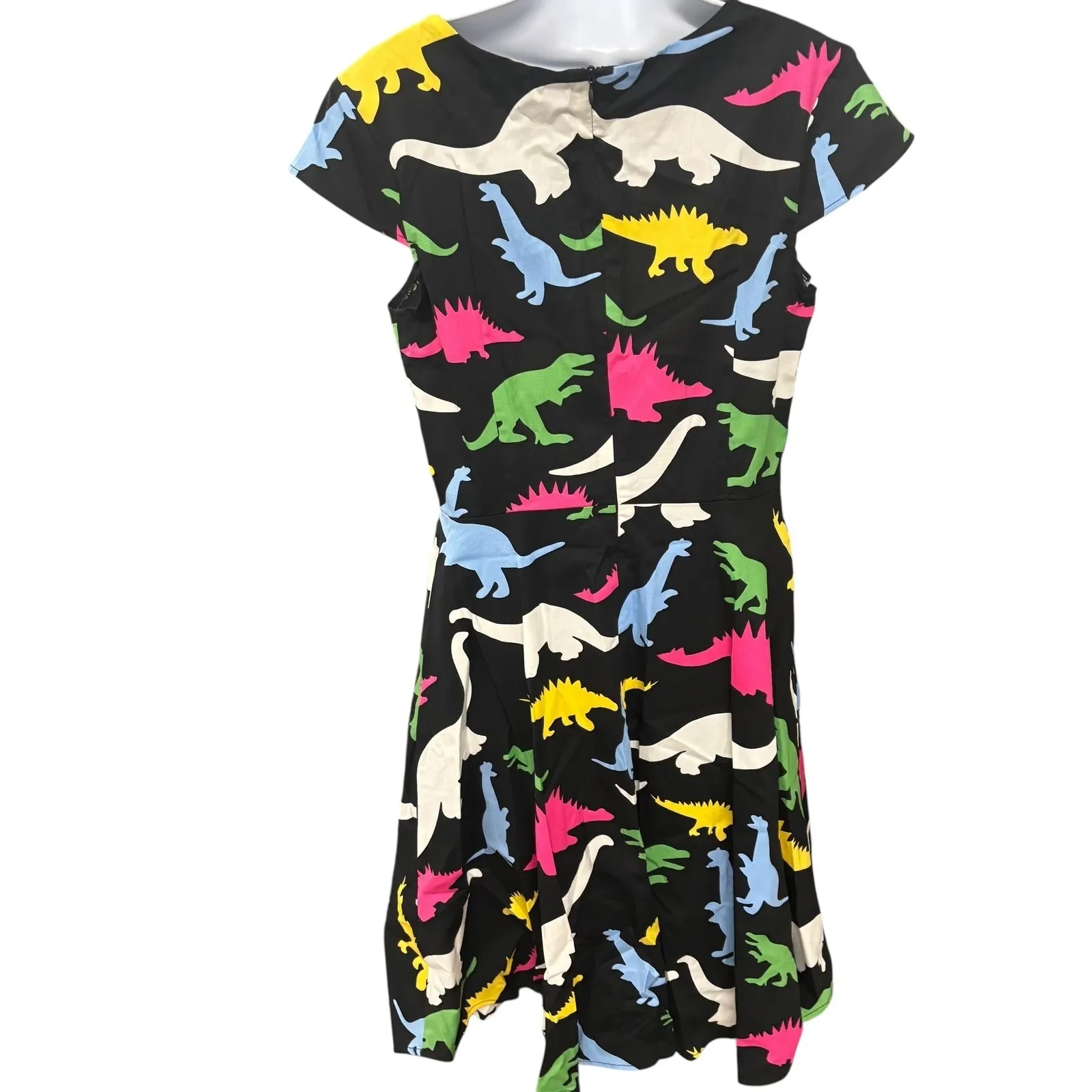 Dinosaur Print‎ Dress Black Cotton Blend Square Neck Short Sleeve Casual Large - Image 2
