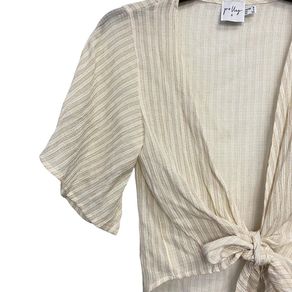 Polly Women's Front Tie Crop Top Short Flared Sleeve Beige Stripe size 4 Y2k - Image 2