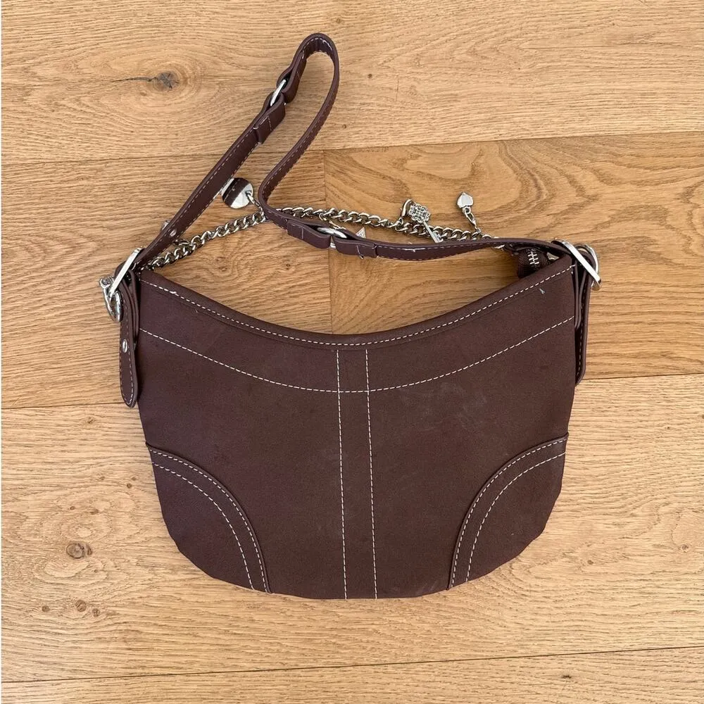 White Fox Boutique - Caroline Faux Suede Charm Shoulder Bag in Brown & Silver - Image 2