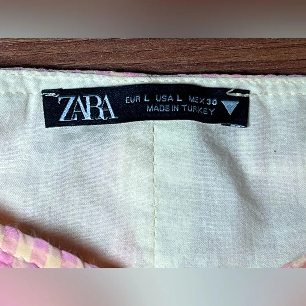Zara Gingham Puff Sleeve light pink and light yellow top Size L - Image 5