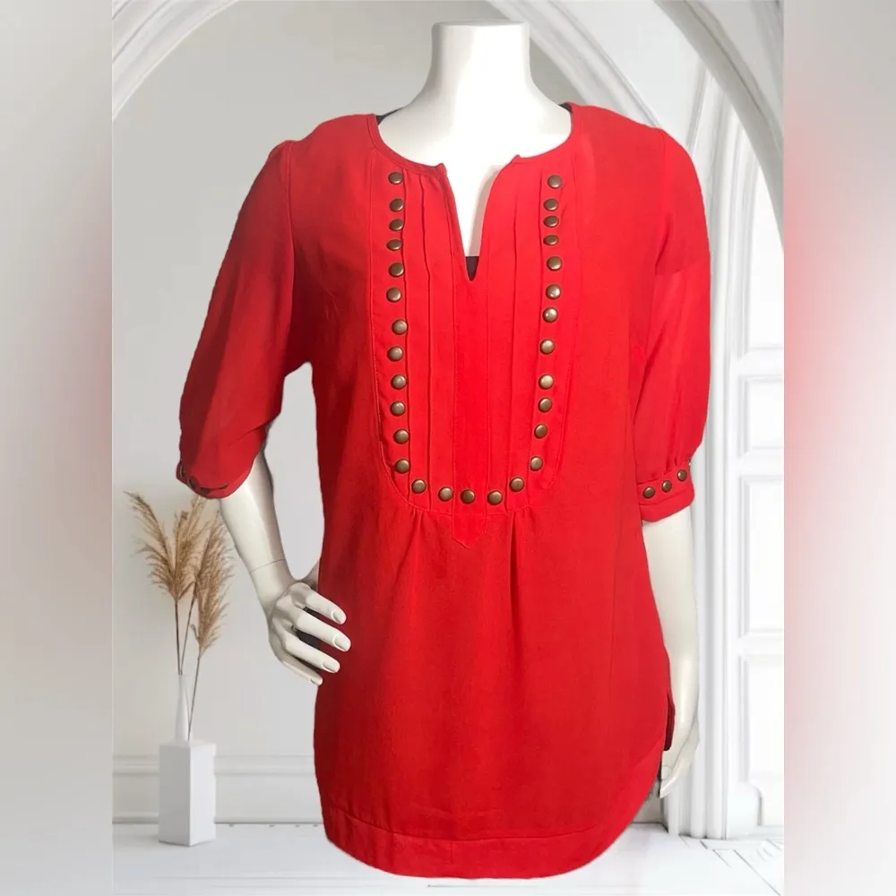 Angie Black V-Neck Chiffon Gold Studded Short Sleeve Blouse Red size medium - Image 2