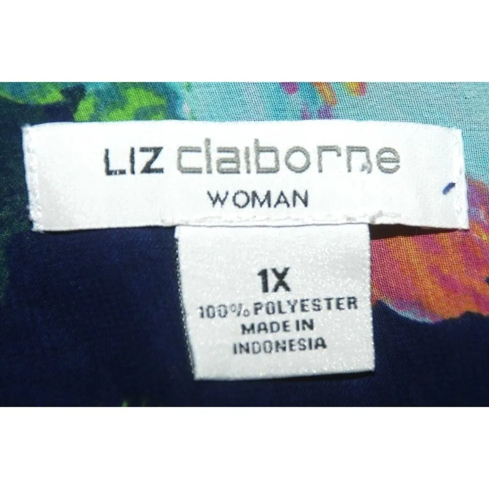 Liz Claiborne Women's Blue Floral Sheer Blouse Top Plus Size 1X V-Neck Long Sleeve - Image 7