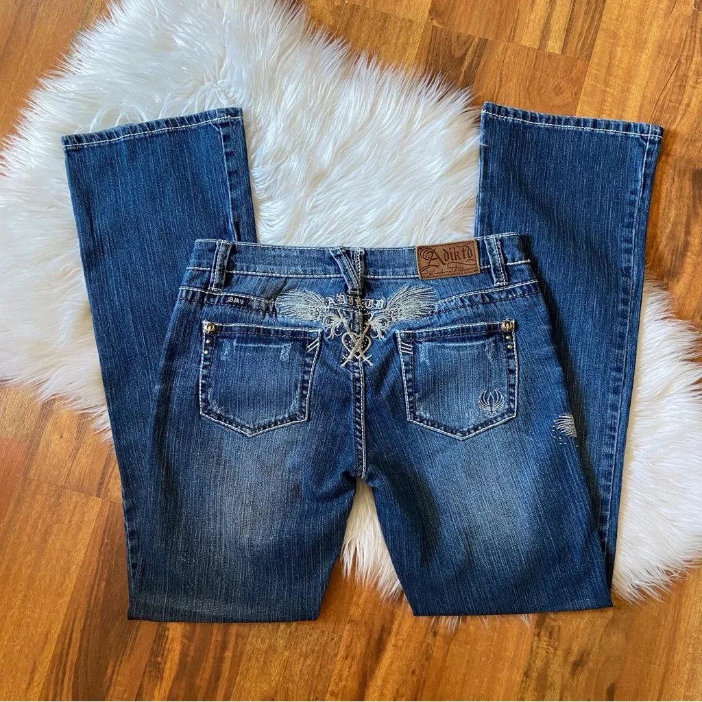 Y2k Adiktd Embroidered Angel Wings Jeans Blue Size 28 - Image 2