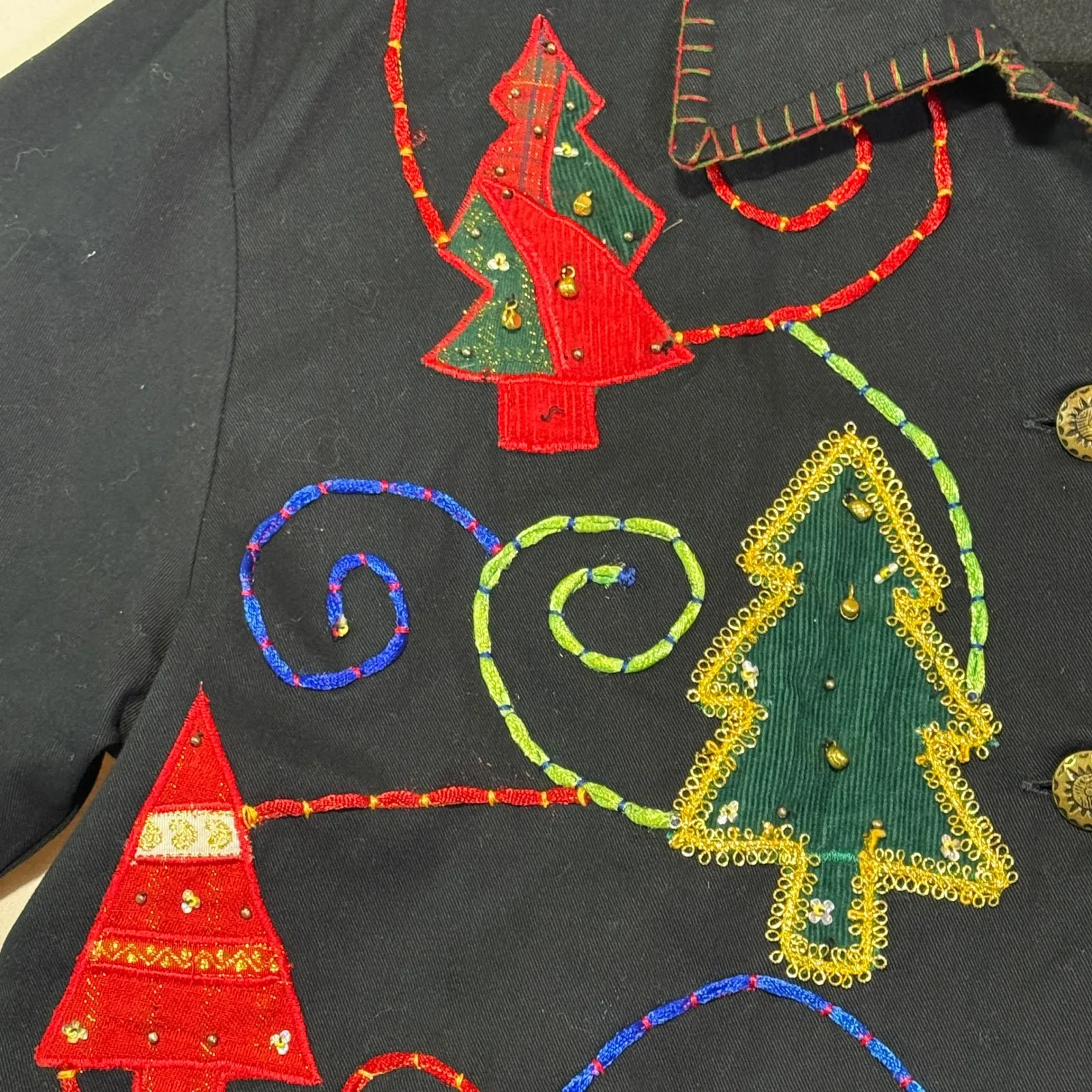 Vintage‎ New Directions Christmas Tree Embroidered Button Down Holiday Jacket Black - Image 5