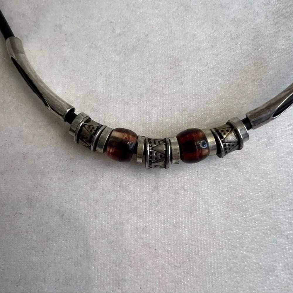Vintage Leather Cord Beaded Choker Necklace Boho Tribal Skater Y2K Statement Silver - Image 3