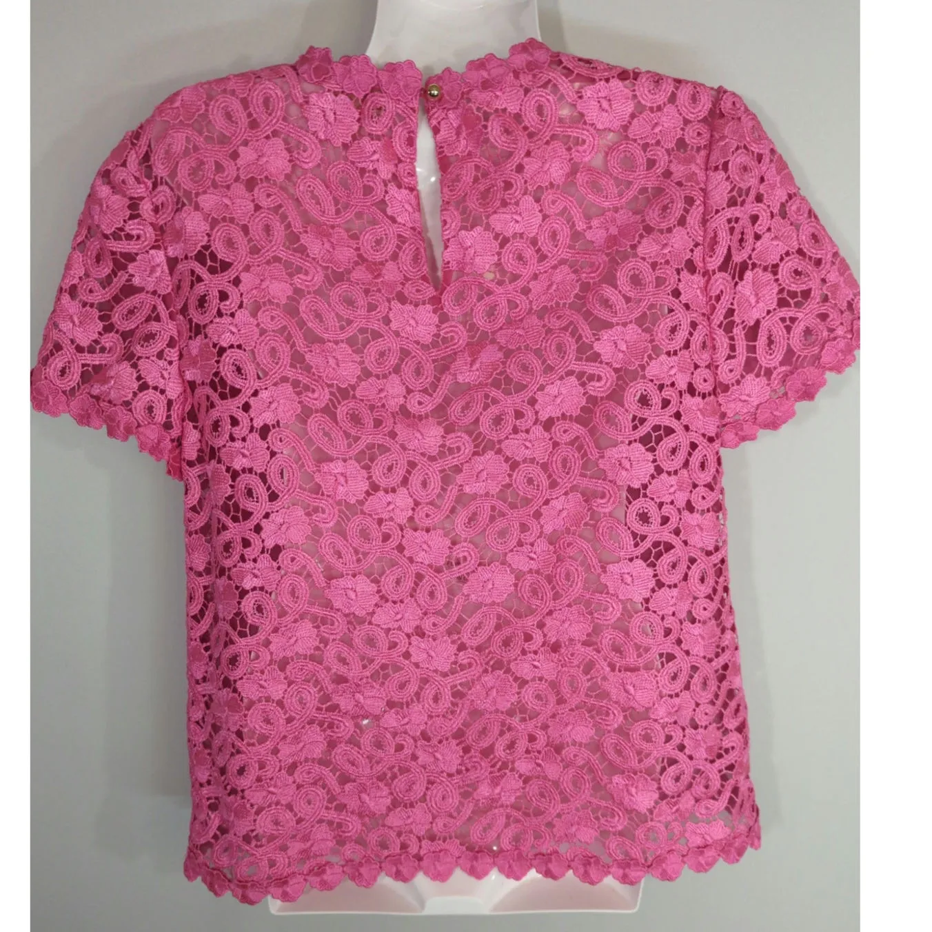 Kate Spade Barbie Pink Crochet Lace Lettuce Hem Sheer Feminine Blouse Size 4 - Image 5