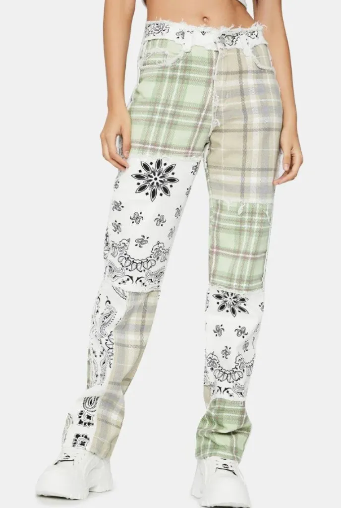 NWT Jaded London Green multi patchwork bandana boyfriend denim - Image 1