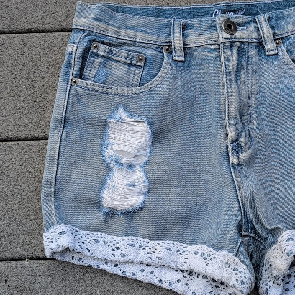 ChiQle Denim Lace Hem Distressed Jean Shorts | Lace Trim Jean Shorts Blue Size M - Image 2