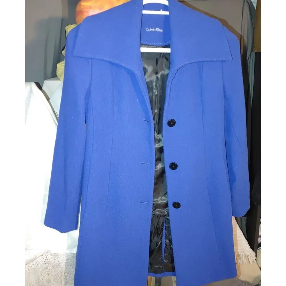Calvin Klein Size 2 Wool Blue Coat Jacket Women Button And Tie Waist Pockets - Image 7