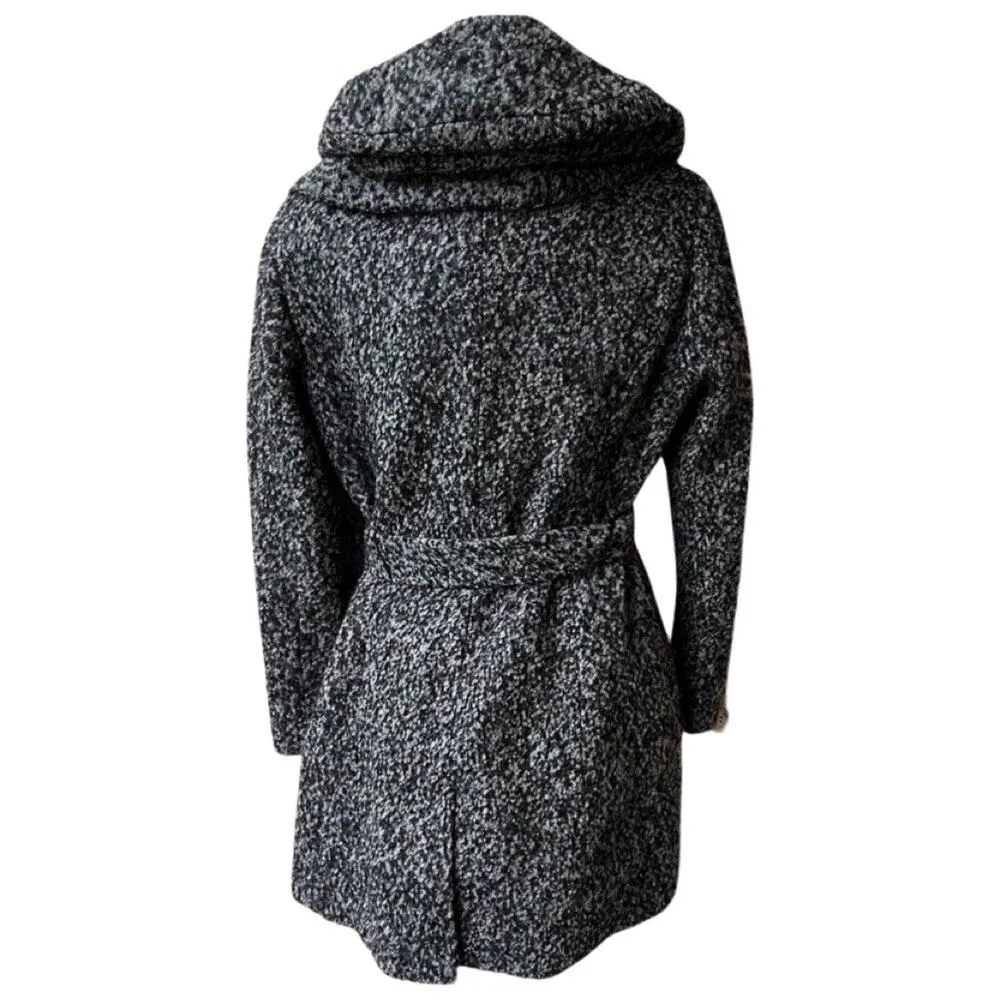Calvin Klein Gray Marled Wool Hooded Winter Coat Shawl Collar Fabric Belt sz 10 - Image 6