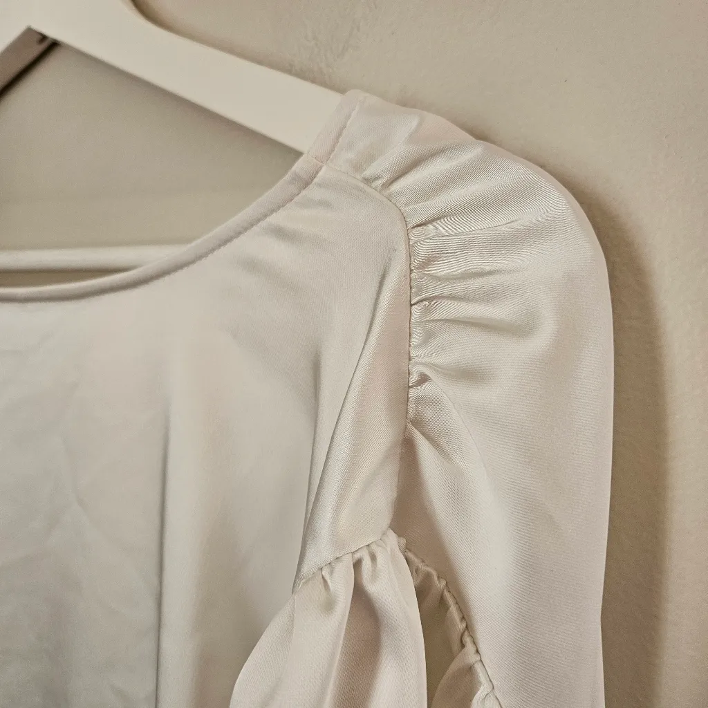 On 34th Bodysuit Chic White Satin Blouse One Piece Long Sleeve V - Image 10