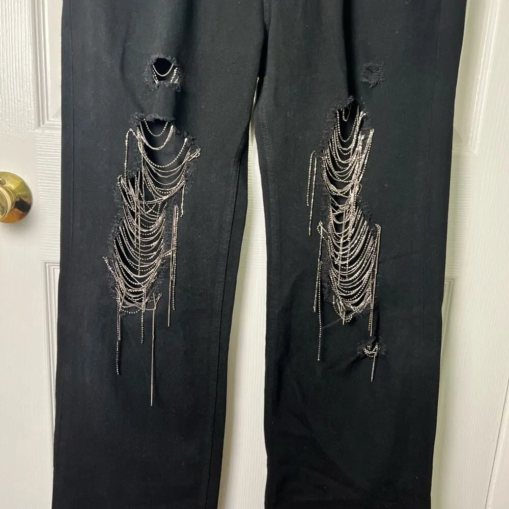 Retrofete Black Cotton Embellished Rhinestone Drape Marlowe Straight Jean 29 - Image 4