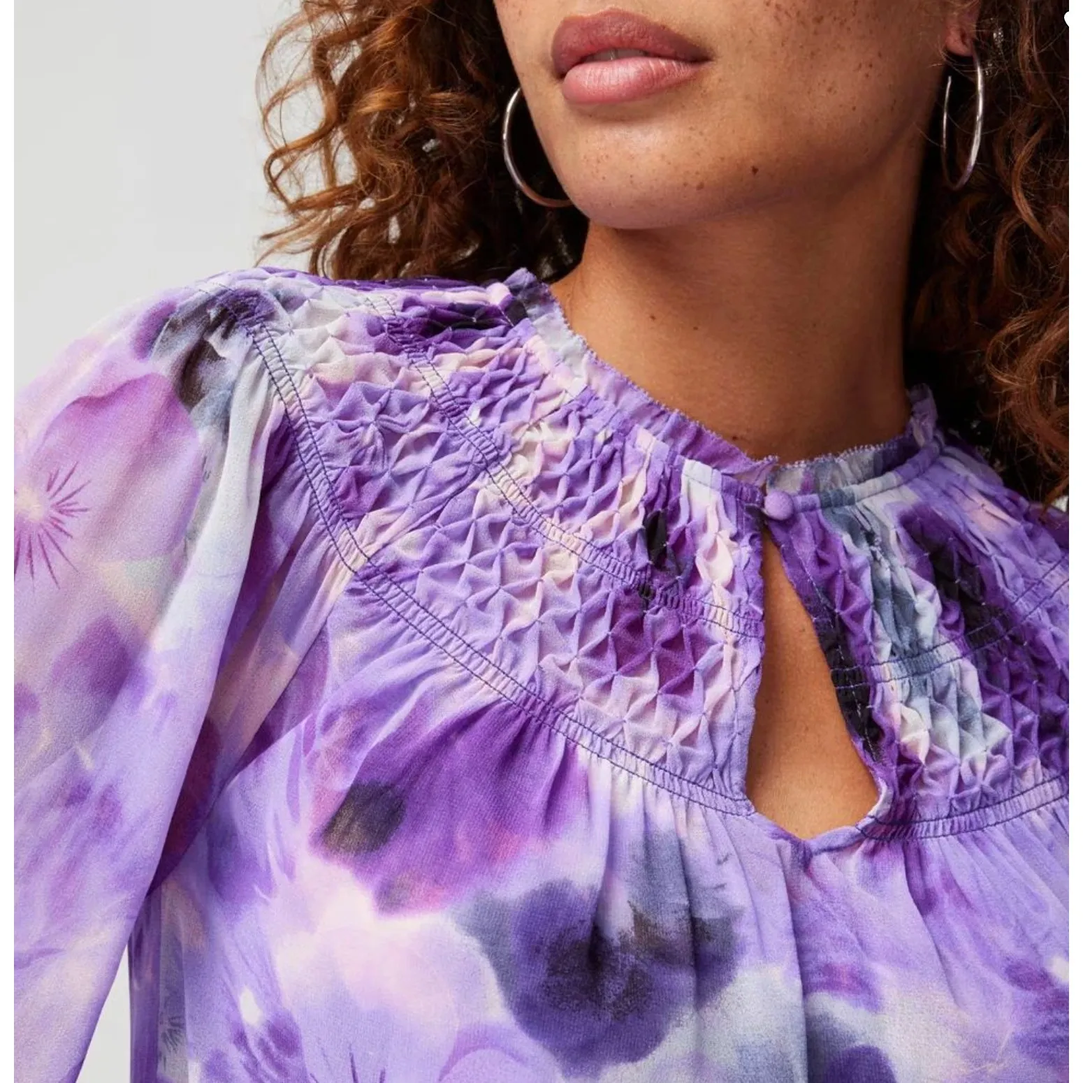 White House Black Market Smocked Floral Blouse Women's M Purple Career Dainty - Image 2