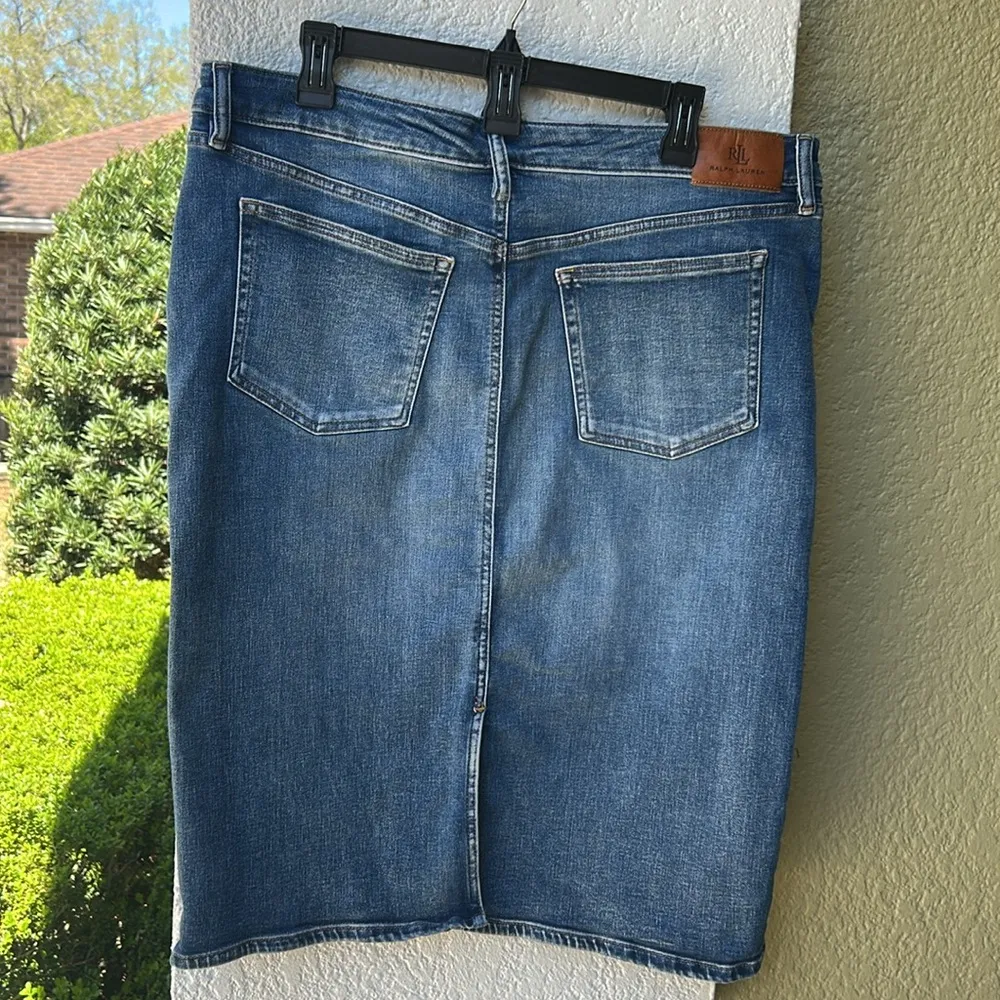 Lauren Ralph Lauren Black Label Indigo Wash Stretch Denim Mid Rise Pencil Skirt - Image 3